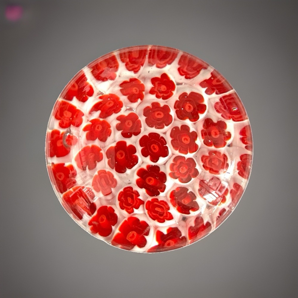 Vintage Hand Blown Art Glass Paperweight Red White Millefiori Flowers 2" EUC